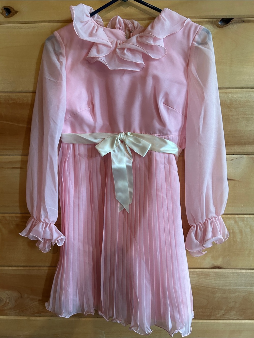 Vintage Petites by Suzy Soft Pink Ruffle Collar Pleated Dress w/Satin Bow sz 9